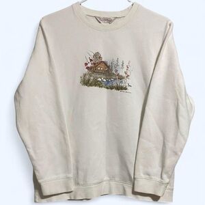 Vintage Northern Reflections White Cottage Lake Scene Print Cottagecore Sweater
